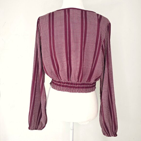 Band of Gypsies Wine Red Faux Wrap Long Sleeve Striped Crop Top - Picture 3 of 4